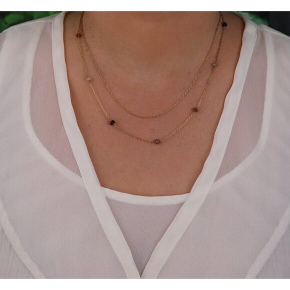 Gold Over Sterling Silver Natural Tourmaline Layered Station Necklace 15 to 17.5 - Picture 2 of 7